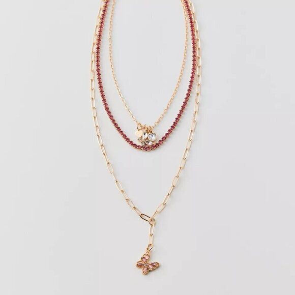 NWT Urban Outfitters Rhinestone Butterfly Gold Layered Y2K Necklace - Picture 2 of 7
